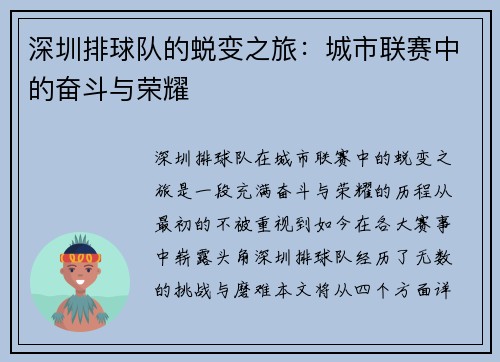 深圳排球队的蜕变之旅：城市联赛中的奋斗与荣耀